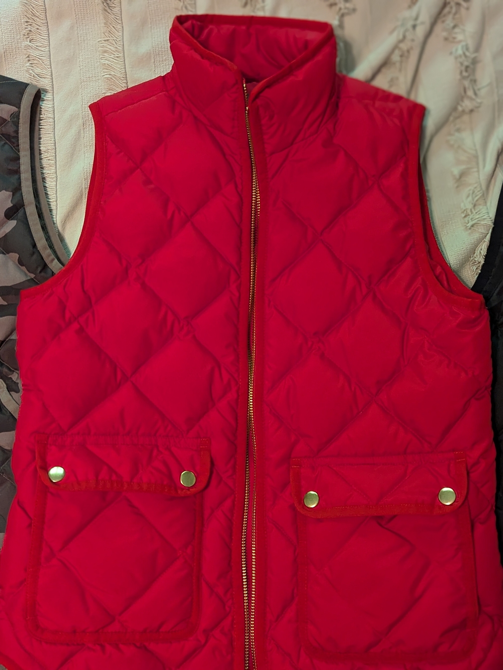 J. Crew Bright Red Quilted Puffer Vest with Gold Hardware